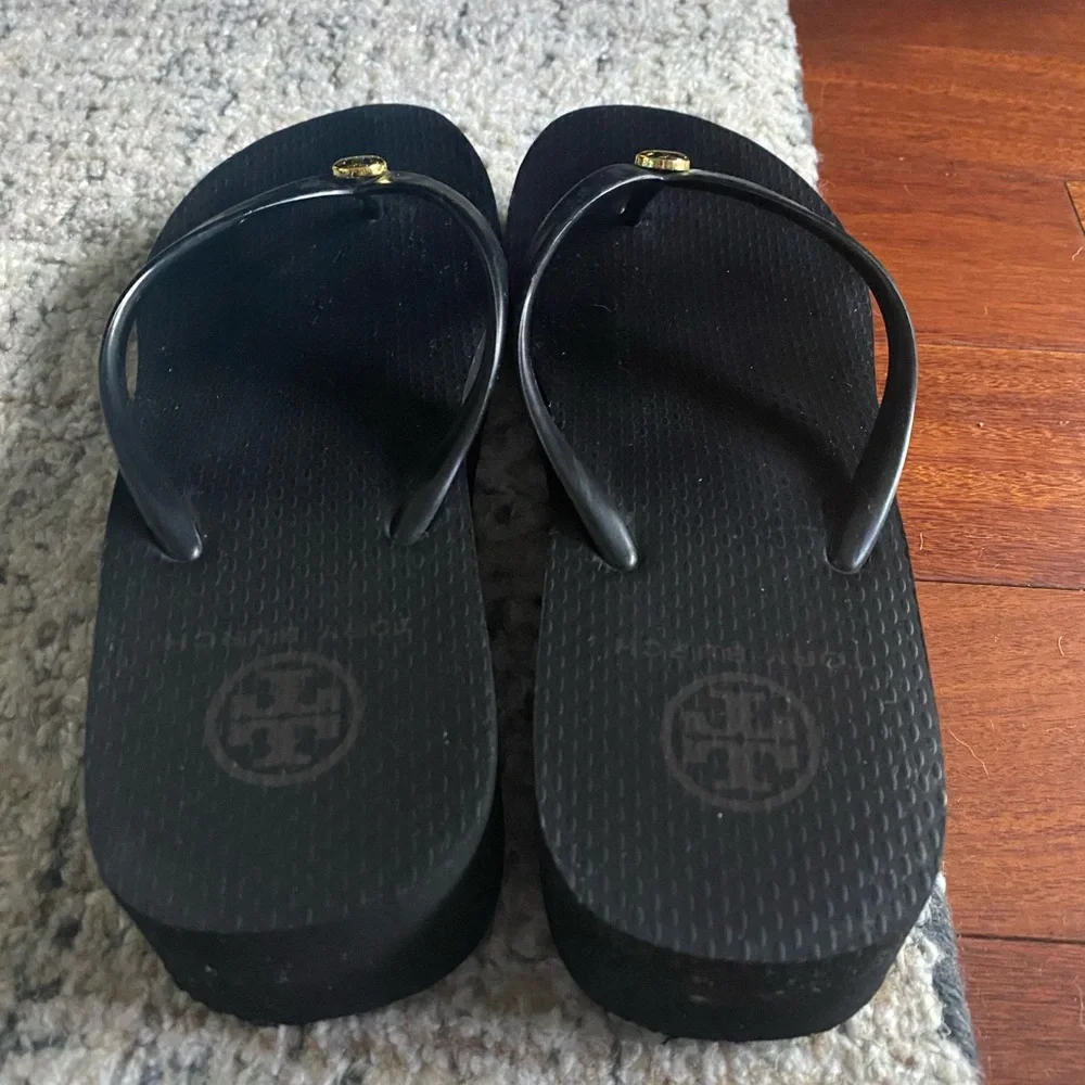 Tory Burch Black Flip Flop Sandals with Gold Logo